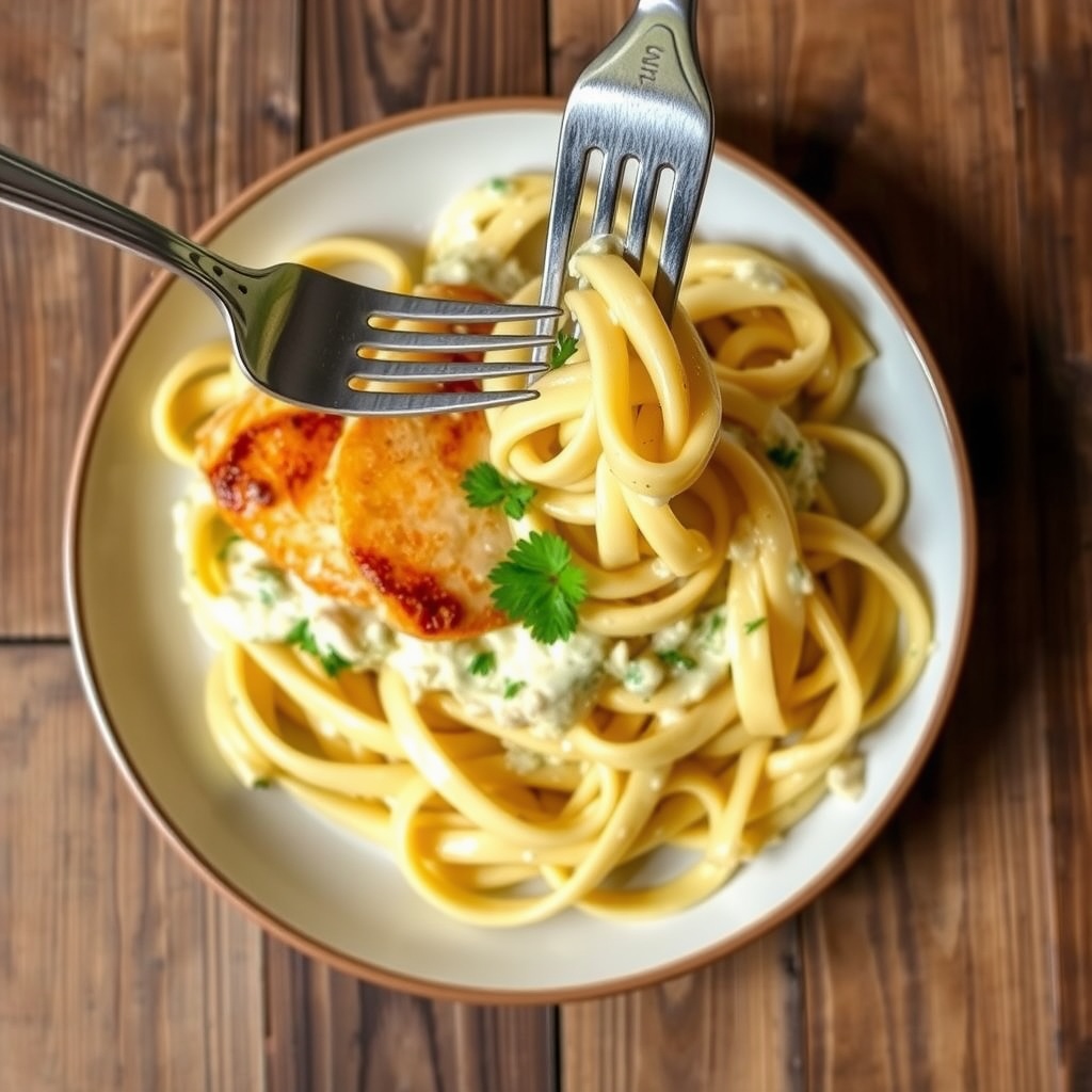 A bowl of Chicken Alfredo with fettuccine, topped with chicken slices and parsley, on a rustic wooden table.